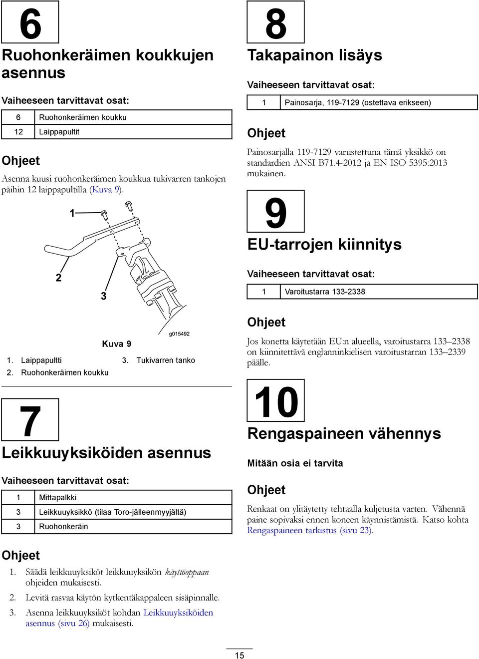 9 EU-tarrojen kiinnitys Vaiheeseen tarvittavat osat: Varoitustarra 33-2338 Ohjeet Kuva 9. Laippapultti 3. Tukivarren tanko 2.