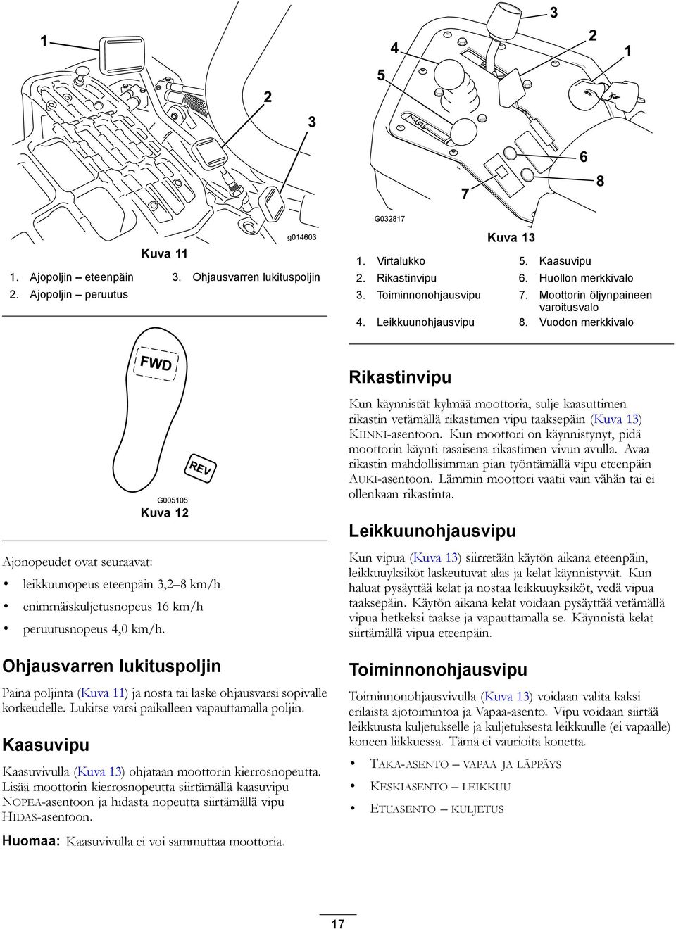 Vuodon merkkivalo Rikastinvipu Ajonopeudet ovat seuraavat: Kuva 2 leikkuunopeus eteenpäin 3,2 8 km/h enimmäiskuljetusnopeus 6 km/h peruutusnopeus 4,0 km/h.