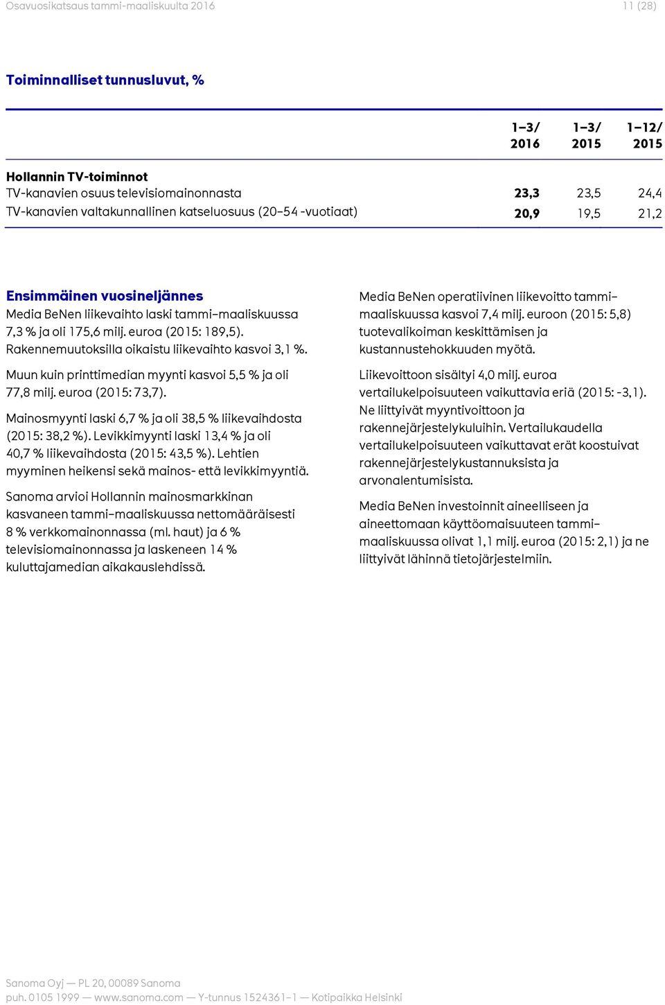 Rakennemuutoksilla oikaistu liikevaihto kasvoi 3,1 %. Muun kuin printtimedian myynti kasvoi 5,5 % ja oli 77,8 milj. euroa (2015: 73,7).