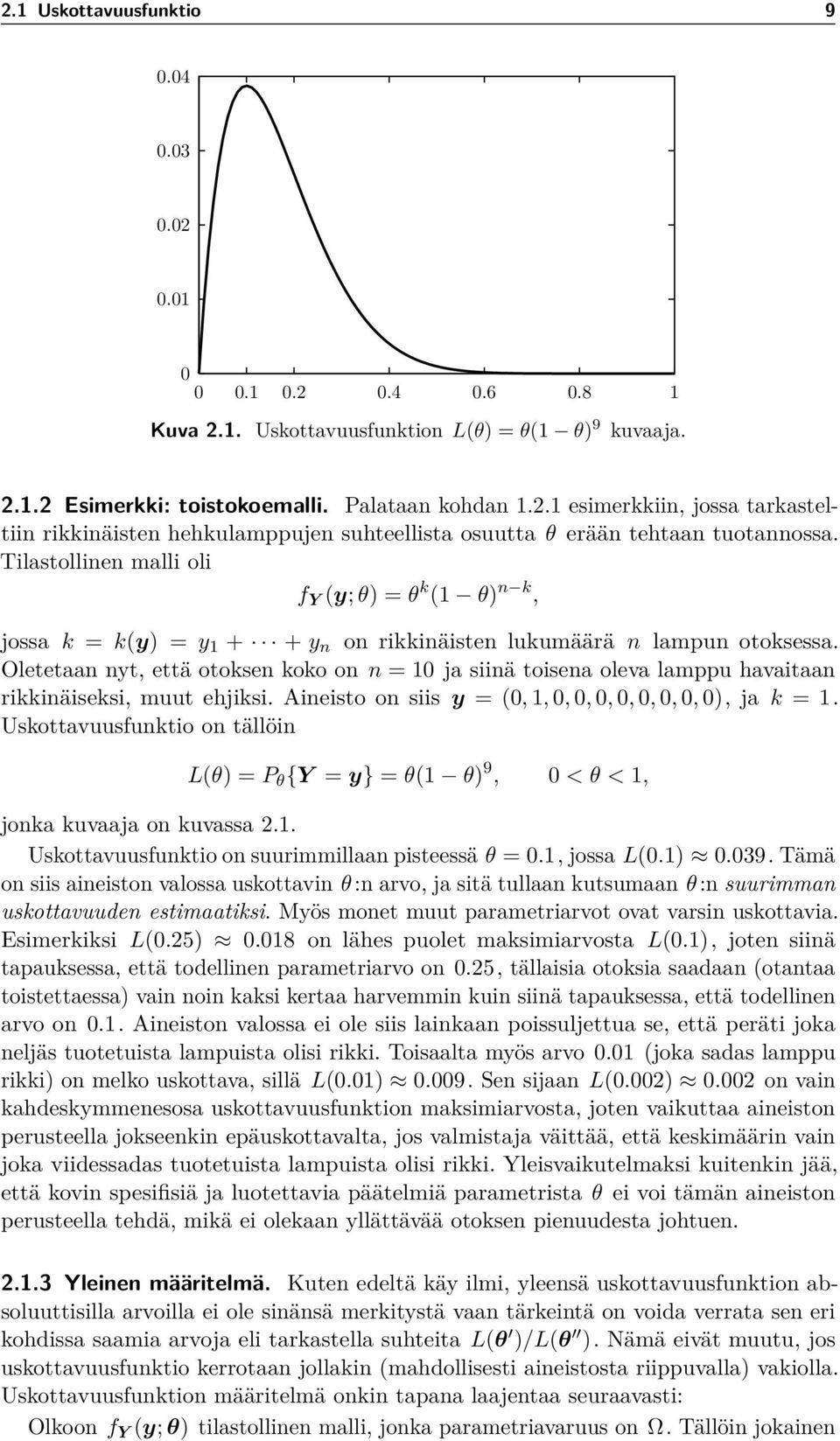Oletetaan nyt, että otoksen koko on n = 10 ja siinä toisena oleva lamppu havaitaan rikkinäiseksi, muut ehjiksi. Aineisto on siis y = (0, 1, 0, 0, 0, 0, 0, 0, 0, 0), ja k = 1.