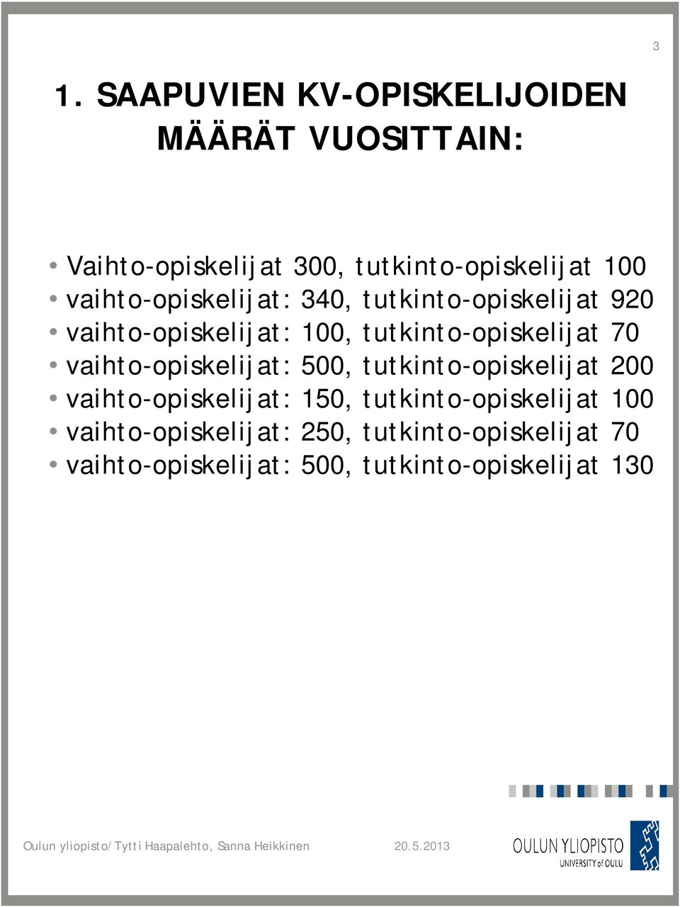 70 vaihto-opiskelijat: 500, tutkinto-opiskelijat 200 vaihto-opiskelijat: 150, tutkinto-opiskelijat