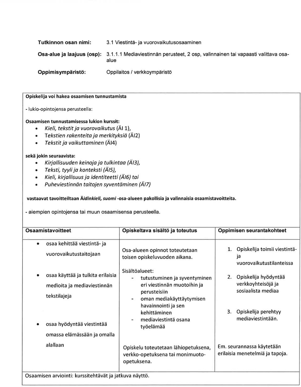 1.1Mediviestinnän perusteet, 2 osp, vlinninen ti vpsti vlittv oslue Oppimisympäristö: Oppilitos / verkkoym päristö Opiskelij voi hke osmisen tunnustm st - lukio-opintojens perusteell : Osmisen