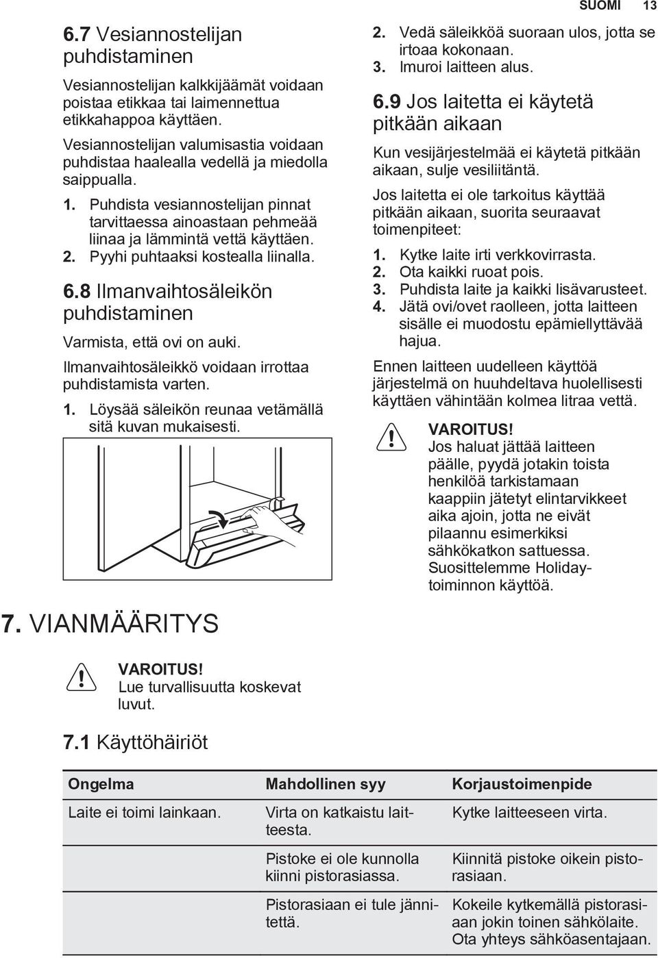 Pyyhi puhtaaksi kostealla liinalla. 6.8 Ilmanvaihtosäleikön puhdistaminen Varmista, että ovi on auki. Ilmanvaihtosäleikkö voidaan irrottaa puhdistamista varten. 1.