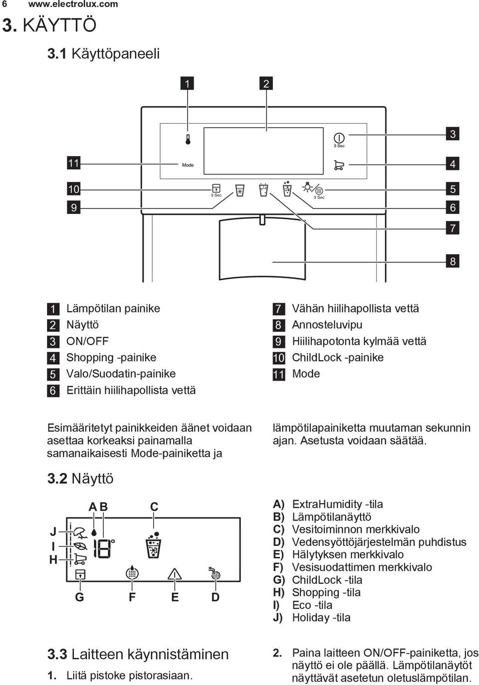 Annosteluvipu 9 Hiilihapotonta kylmää vettä 10 ChildLock -painike 11 Mode Esimääritetyt painikkeiden äänet voidaan asettaa korkeaksi painamalla samanaikaisesti Mode-painiketta ja lämpötilapainiketta