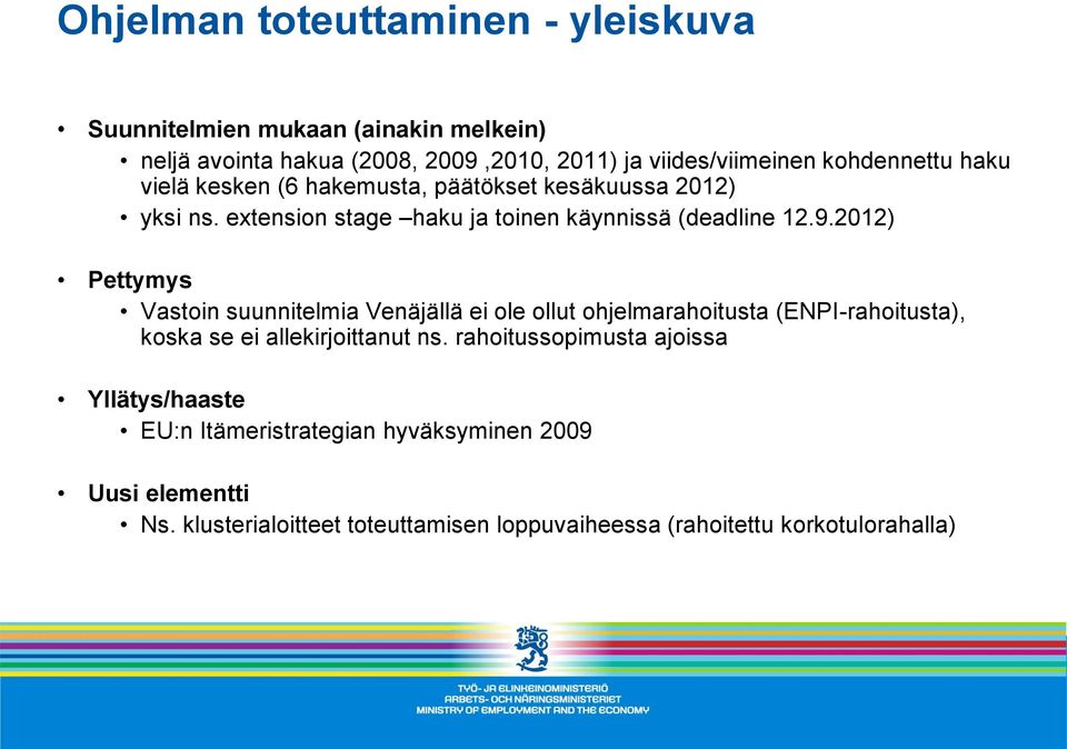 2012) Pettymys Vastoin suunnitelmia Venäjällä ei ole ollut ohjelmarahoitusta (ENPI-rahoitusta), koska se ei allekirjoittanut ns.