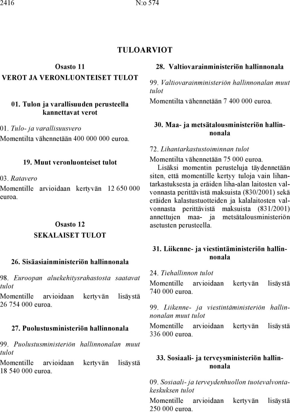 Euroopan aluekehitysrahastosta saatavat tulot Momentille arvioidaan kertyvän lisäystä 26 754 000 27. Puolustusministeriön hallinnonala 99.