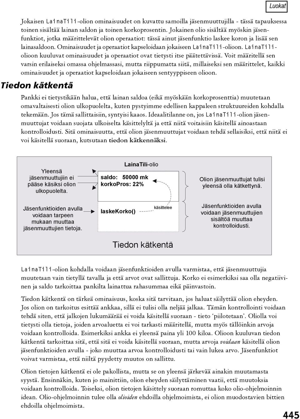 Ominaisuudet ja operaatiot kapseloidaan jokaiseen LainaTili-olioon. LainaTiliolioon kuuluvat ominaisuudet ja operaatiot ovat tietysti itse päätettävissä.