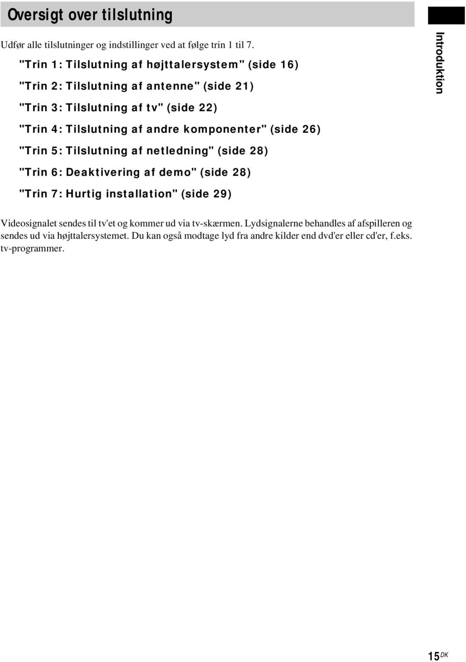 Tilslutning af andre komponenter" (side 26) "Trin 5: Tilslutning af netledning" (side 28) "Trin 6: Deaktivering af demo" (side 28) "Trin 7: Hurtig installation"