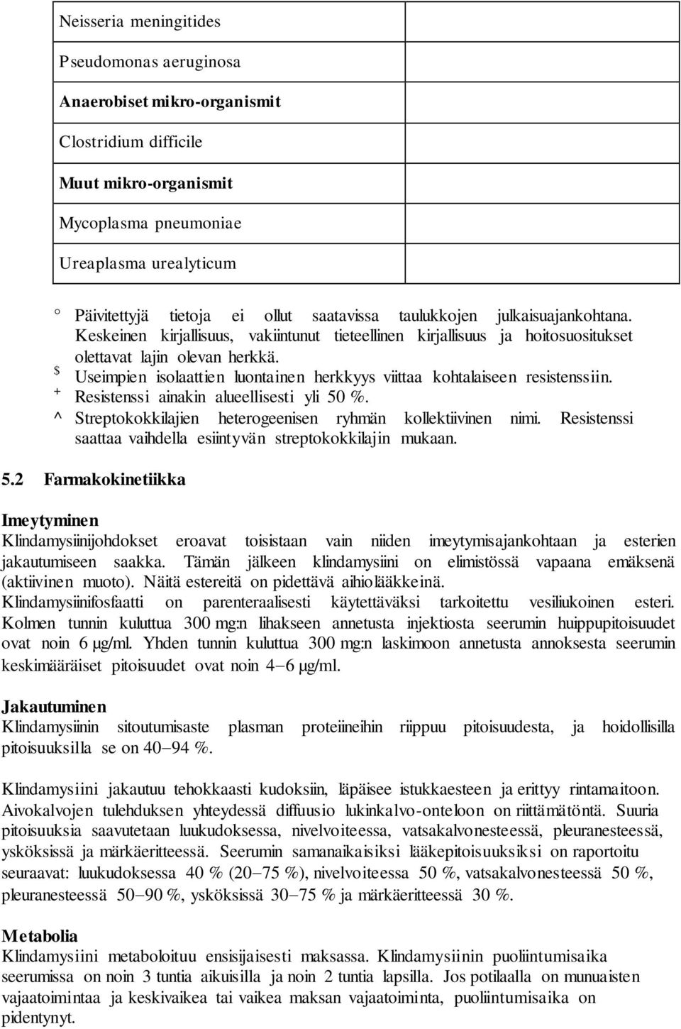 $ Useimpien isolaattien luontainen herkkyys viittaa kohtalaiseen resistenssiin. + Resistenssi ainakin alueellisesti yli 50 %. ^ Streptokokkilajien heterogeenisen ryhmän kollektiivinen nimi.