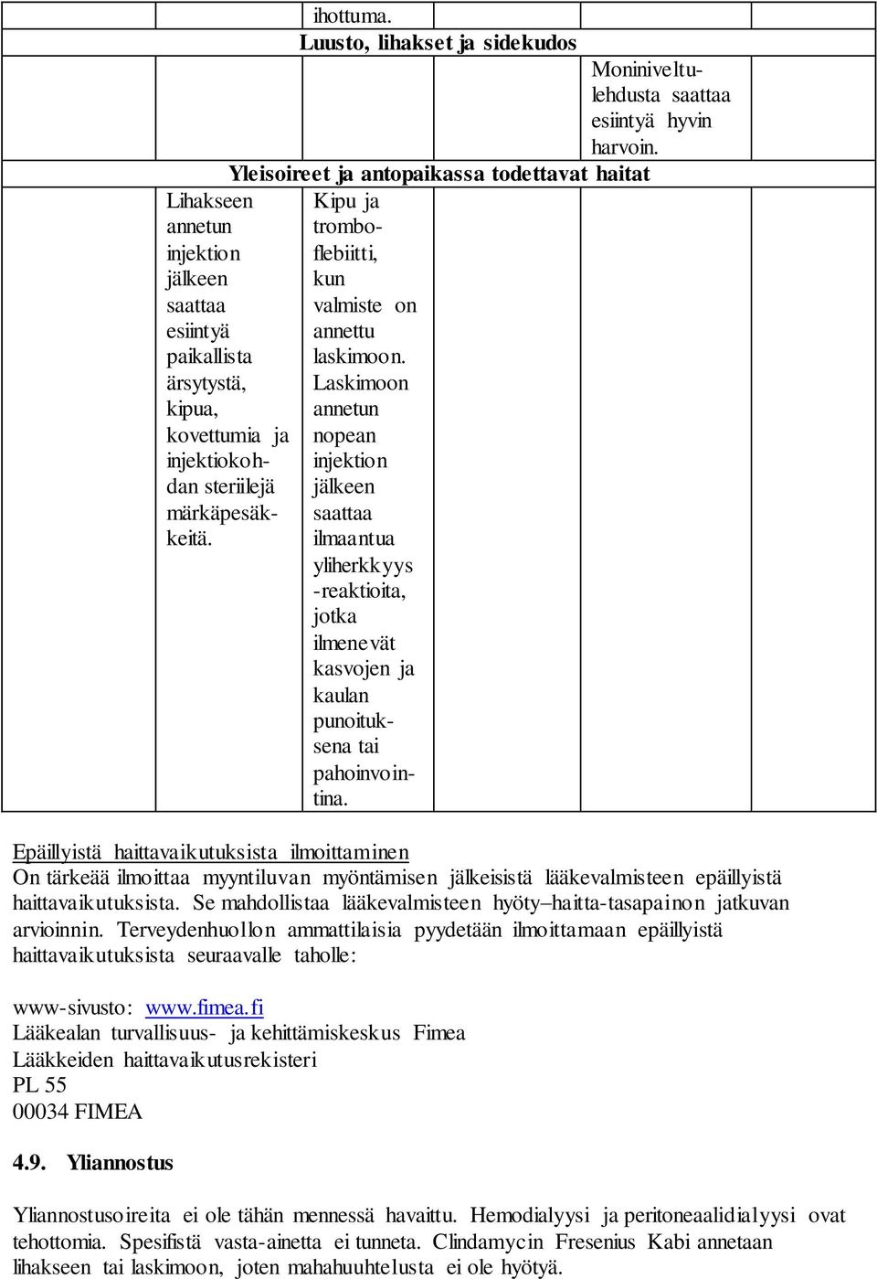 Lihakseen annetun injektion jälkeen saattaa esiintyä paikallista ärsytystä, kipua, kovettumia ja injektiokohdan steriilejä märkäpesäkkeitä. Moniniveltulehdusta saattaa esiintyä hyvin harvoin.