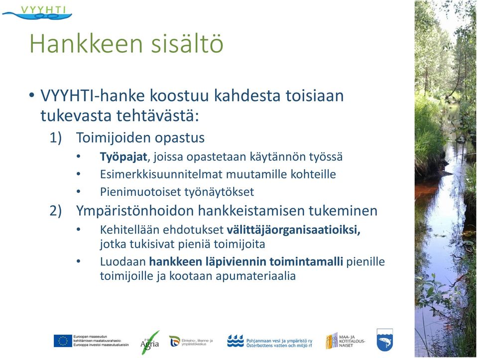 työnäytökset 2) Ympäristönhoidon hankkeistamisentukeminen Kehitellään ehdotukset välittäjäorganisaatioiksi,