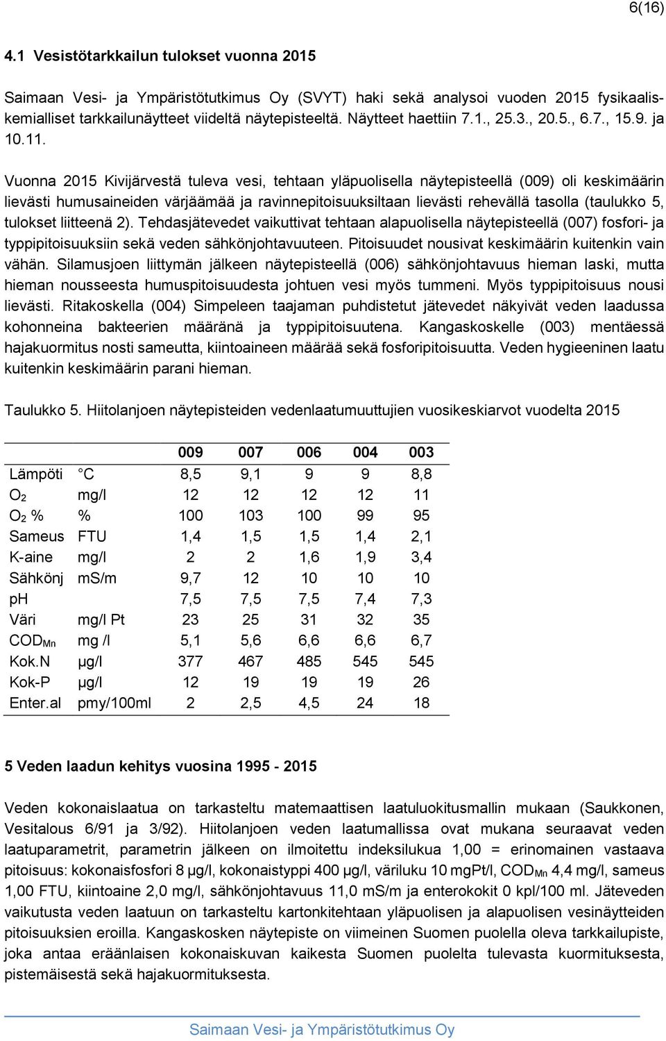 Vuonna 2015 Kivijärvestä tuleva vesi, tehtaan yläpuolisella näytepisteellä (009) oli keskimäärin lievästi humusaineiden värjäämää ja ravinnepitoisuuksiltaan lievästi rehevällä tasolla (taulukko 5,