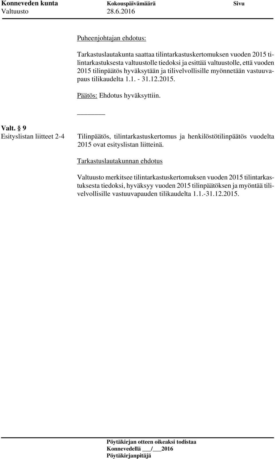 9 Esityslistan liitteet 2-4 Tilinpäätös, tilintarkastuskertomus ja henkilöstötilinpäätös vuodelta 2015 ovat esityslistan liitteinä.