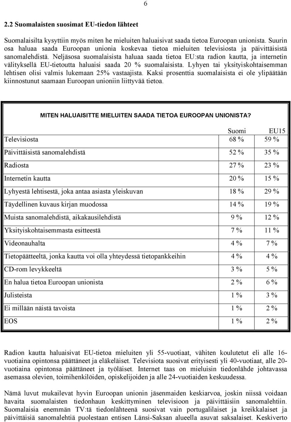 Neljäsosa suomalaisista haluaa saada tietoa EU:sta radion kautta, ja internetin välityksellä EU-tietoutta haluaisi saada 20 % suomalaisista.