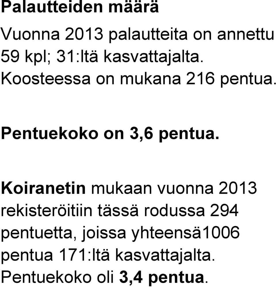Koiranetin mukaan vuonna 2013 rekisteröitiin tässä rodussa 294 pentuetta,