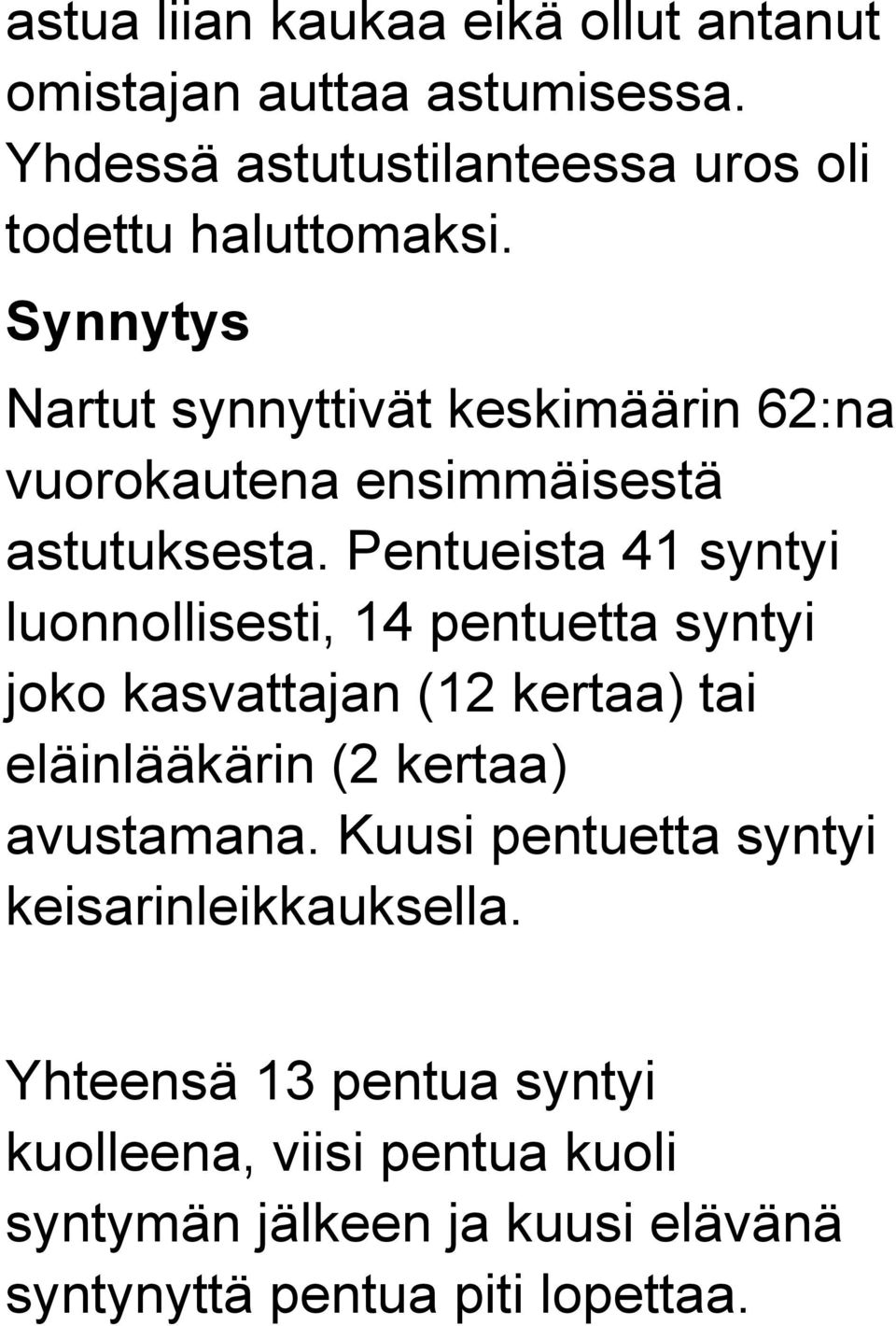 Pentueista 41 syntyi luonnollisesti, 14 pentuetta syntyi joko kasvattajan (12 kertaa) tai eläinlääkärin (2 kertaa) avustamana.
