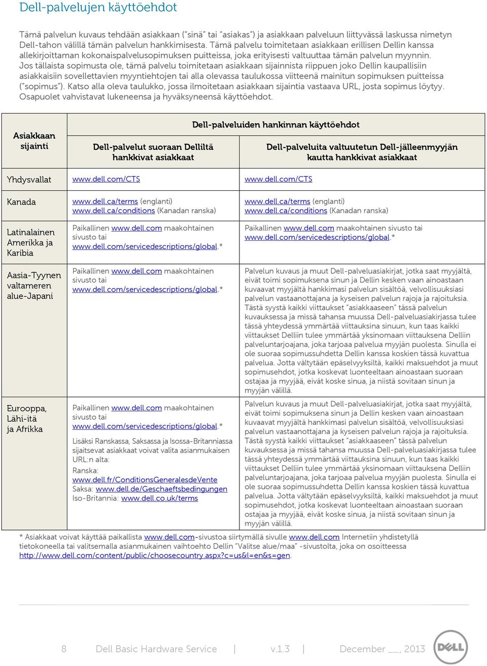 Jos tällaista sopimusta ole, tämä palvelu toimitetaan asiakkaan sijainnista riippuen joko Dellin kaupallisiin asiakkaisiin sovellettavien myyntiehtojen tai alla olevassa taulukossa viitteenä mainitun
