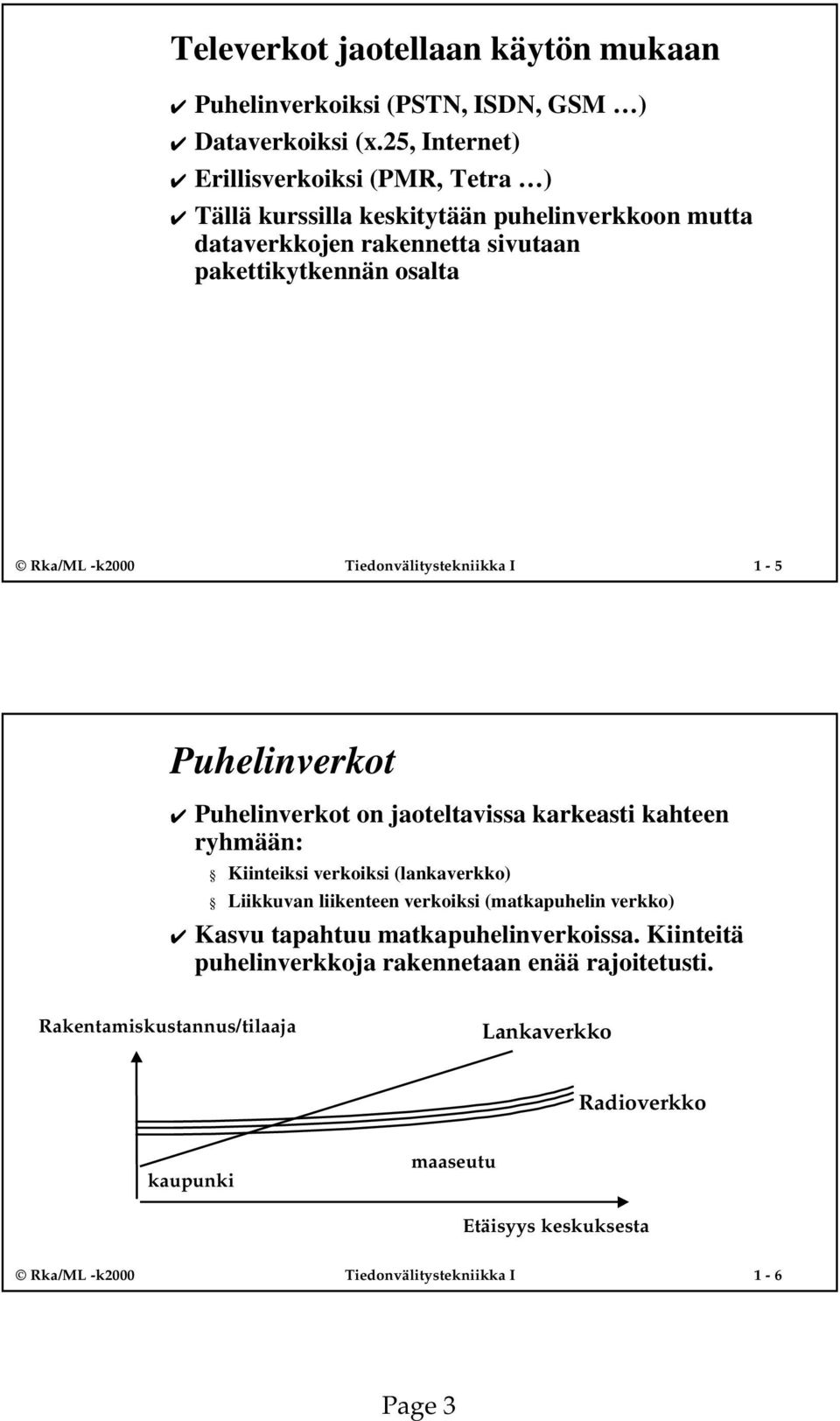 Tiedonvälitystekniikka I 1-5 Puhelinverkot Puhelinverkot on jaoteltavissa karkeasti kahteen ryhmään: Kiinteiksi verkoiksi (lankaverkko) Liikkuvan liikenteen verkoiksi