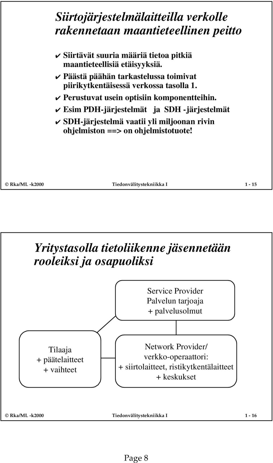 Esim PDH-järjestelmät ja SDH -järjestelmät SDH-järjestelmä vaatii yli miljoonan rivin ohjelmiston ==> on ohjelmistotuote!