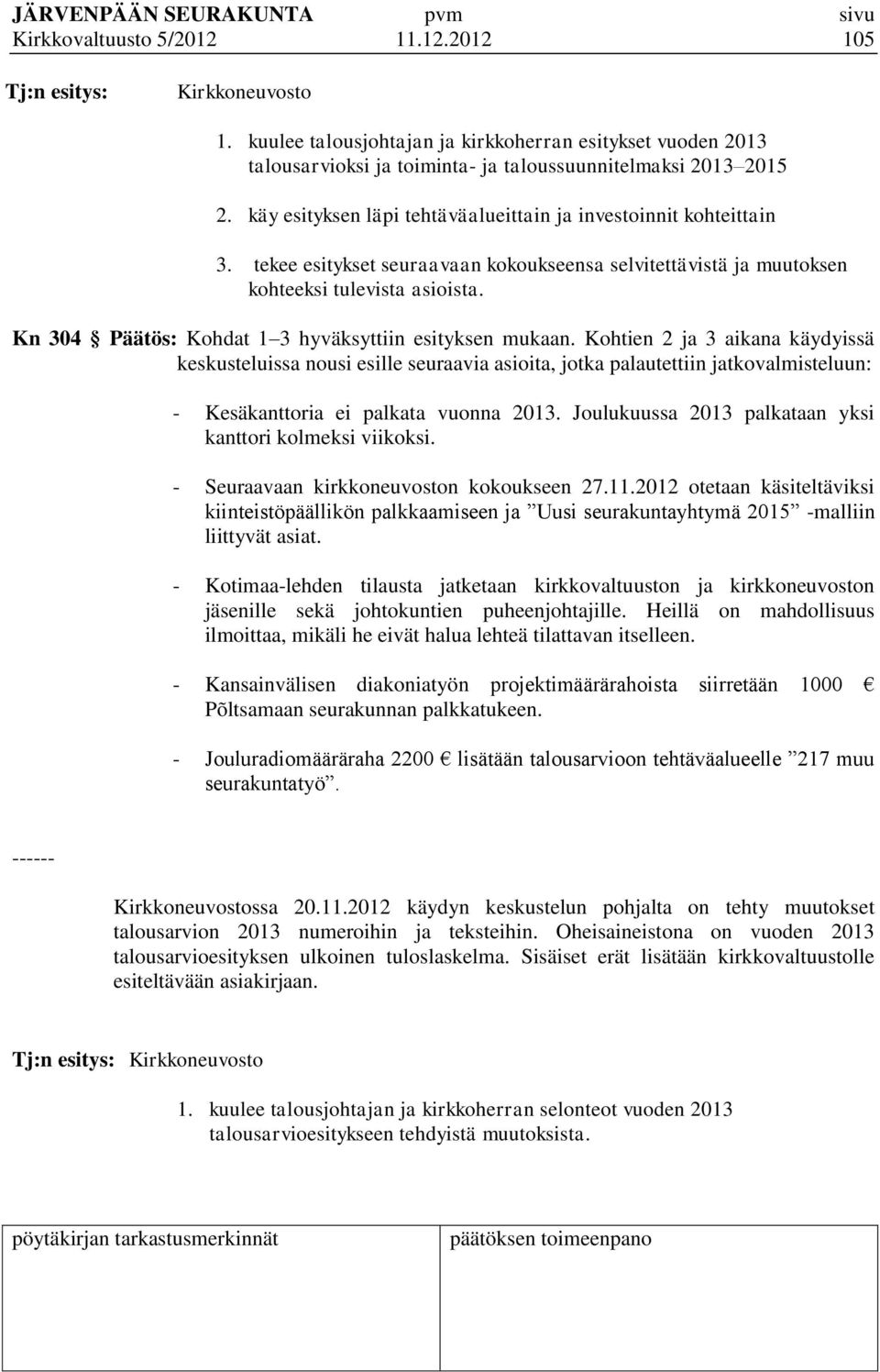 Kn 304 Päätös: Kohdat 1 3 hyväksyttiin esityksen mukaan.