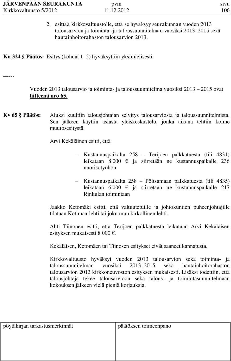 Kn 324 Päätös: Esitys (kohdat 1 2) hyväksyttiin yksimielisesti. ------ Vuoden 2013 talousarvio ja toiminta- ja taloussuunnitelma vuosiksi 2013 2015 ovat liitteenä nro 65.