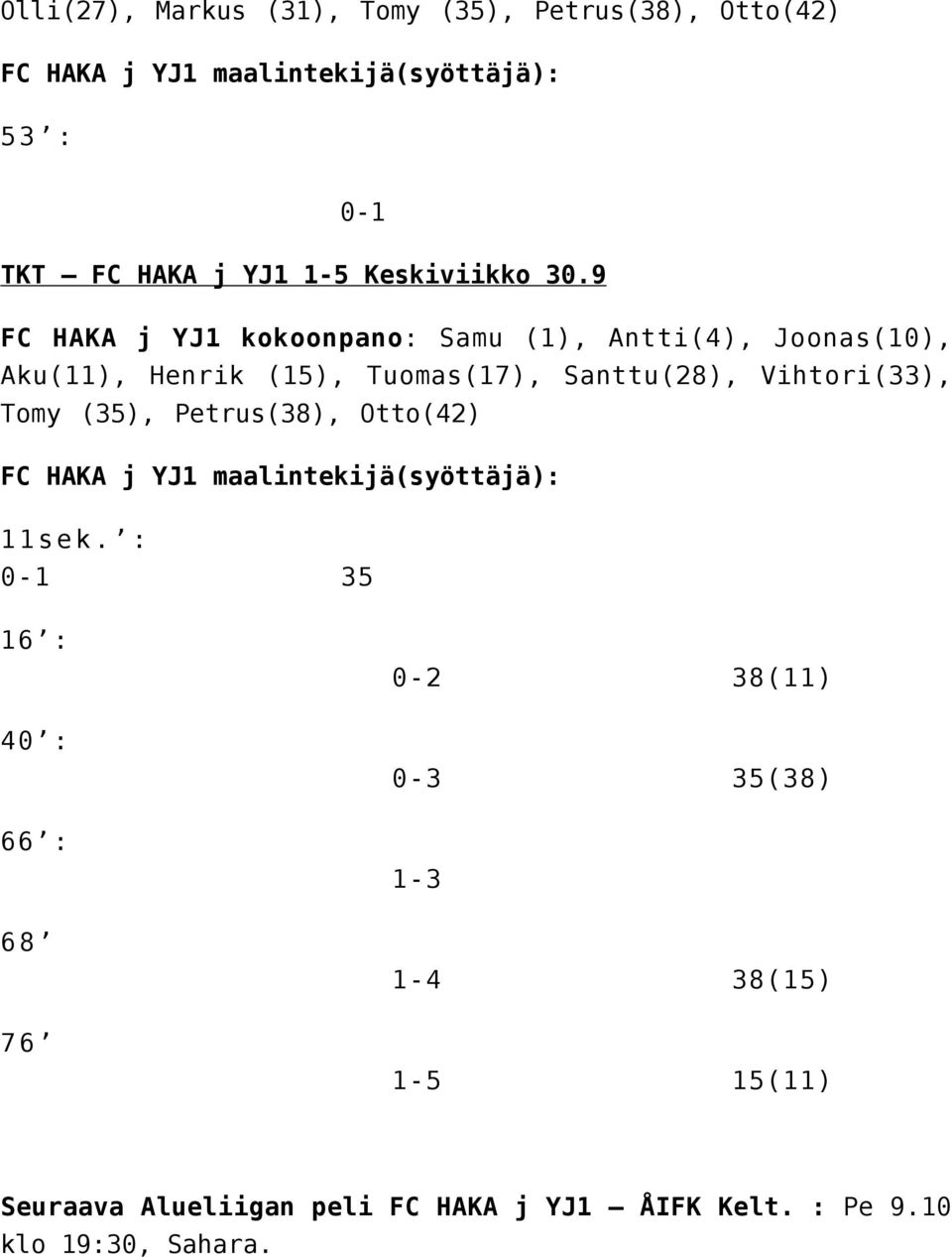 9 FC HAKA j YJ1 kokoonpano: Samu (1), Antti(4), Joonas(10), Aku(11), Henrik (15), Tuomas(17), Santtu(28), Vihtori(33),
