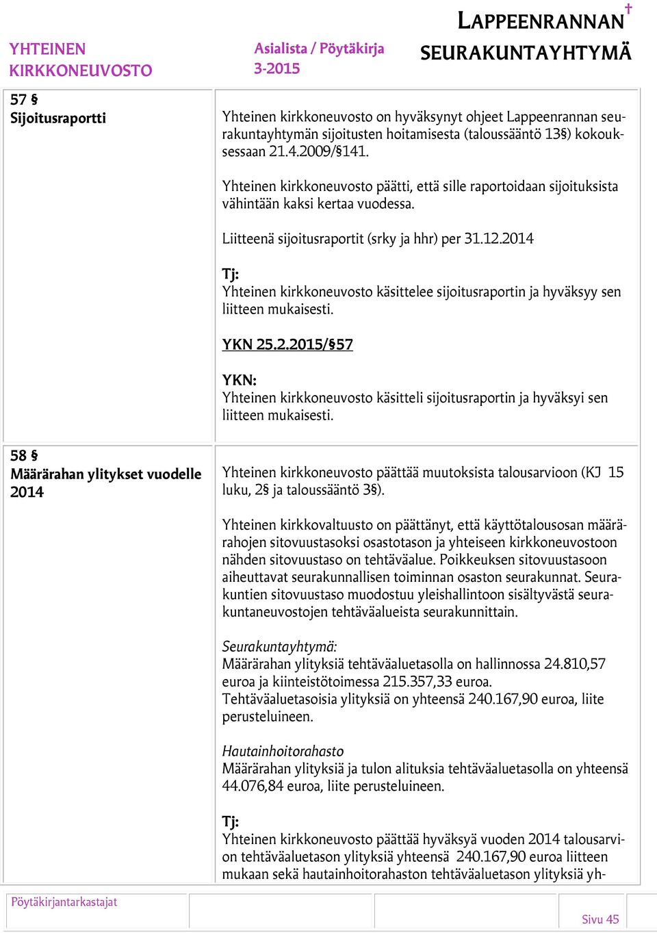 2014 Tj: Yhteinen kirkkoneuvosto käsittelee sijoitusraportin ja hyväksyy sen liitteen mukaisesti. YKN 25.2.2015/ 57 Yhteinen kirkkoneuvosto käsitteli sijoitusraportin ja hyväksyi sen liitteen mukaisesti.