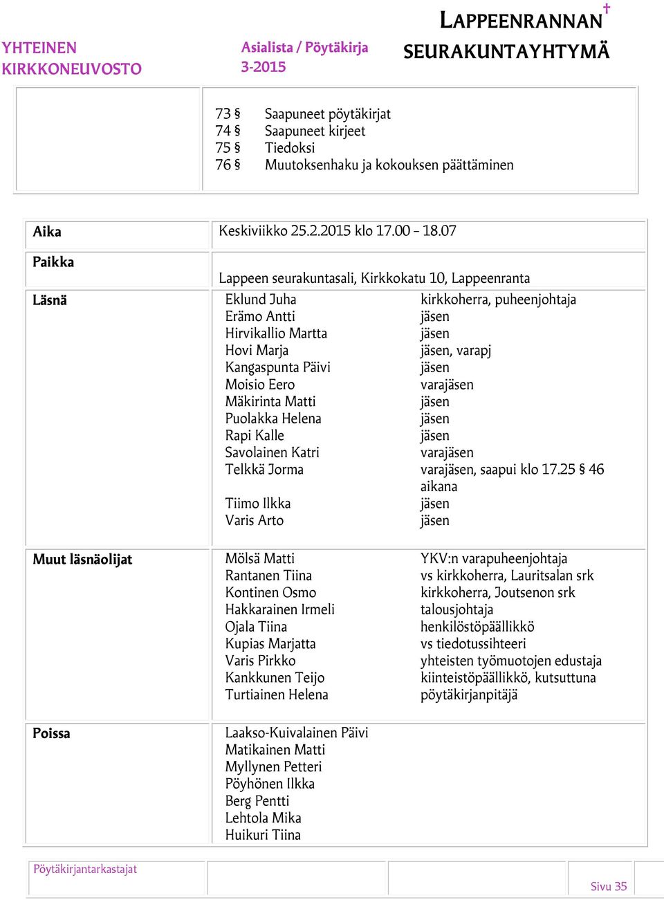 Moisio Eero varajäsen Mäkirinta Matti jäsen Puolakka Helena jäsen Rapi Kalle jäsen Savolainen Katri varajäsen Telkkä Jorma varajäsen, saapui klo 17.