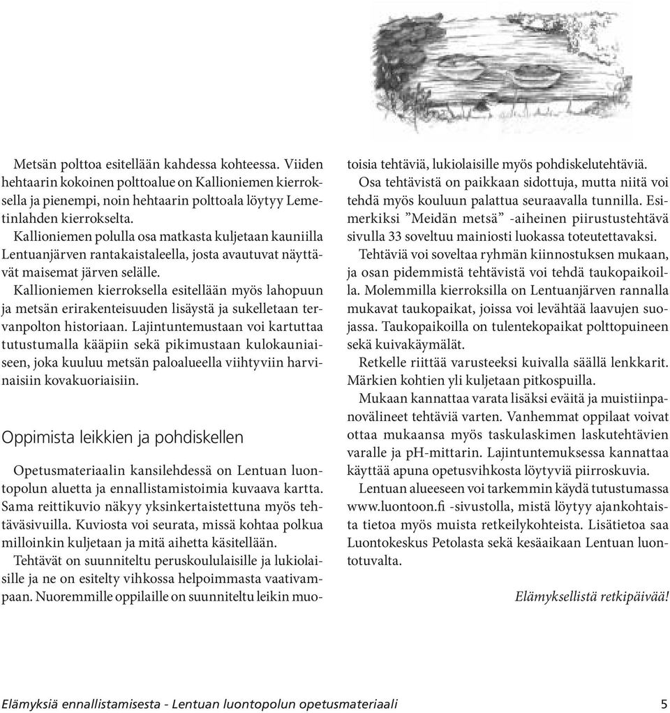 Kallioniemen kierroksella esitellään myös lahopuun ja metsän erirakenteisuuden lisäystä ja sukelletaan tervanpolton historiaan.