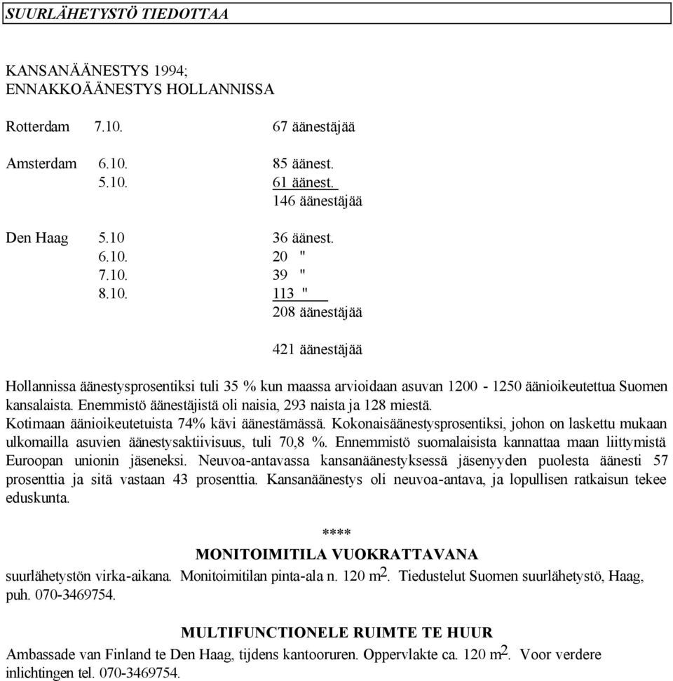 Enemmistö äänestäjistä oli naisia, 293 naista ja 128 miestä. Kotimaan äänioikeutetuista 74% kävi äänestämässä.