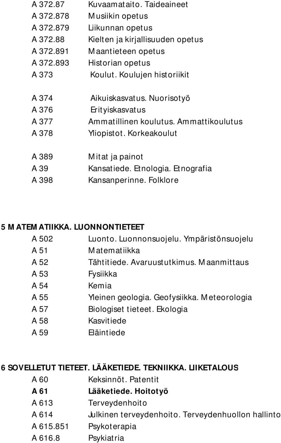 Etnologia. Etnografia Kansanperinne. Folklore 5 MATEMATIIKKA. LUONNONTIETEET A 502 Luonto. Luonnonsuojelu. Ympäristönsuojelu A 51 Matematiikka A 52 Tähtitiede. Avaruustutkimus.