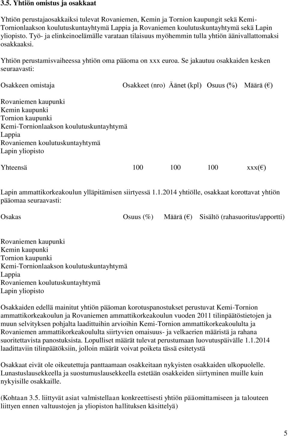 Se jakautuu osakkaiden kesken seuraavasti: Osakkeen omistaja Osakkeet (nro) Äänet (kpl) Osuus (%) Määrä ( ) Rovaniemen kaupunki Kemin kaupunki Tornion kaupunki Kemi-Tornionlaakson koulutuskuntayhtymä