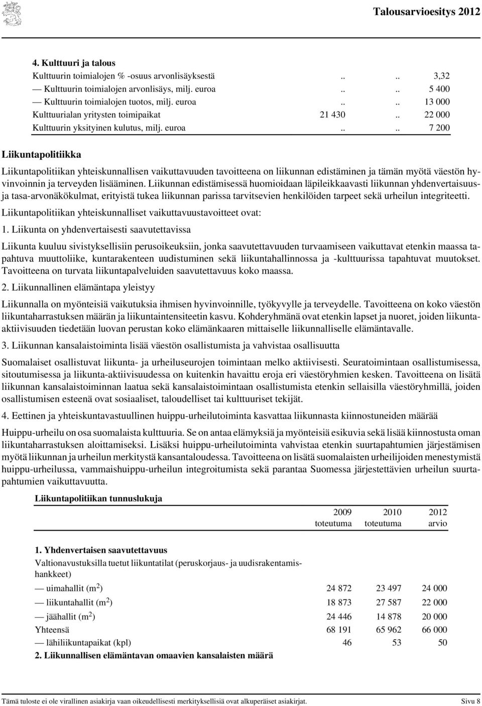 ... 7 200 Liikuntapolitiikka Liikuntapolitiikan yhteiskunnallisen vaikuttavuuden tavoitteena on liikunnan edistäminen ja tämän myötä väestön hyvinvoinnin ja terveyden lisääminen.