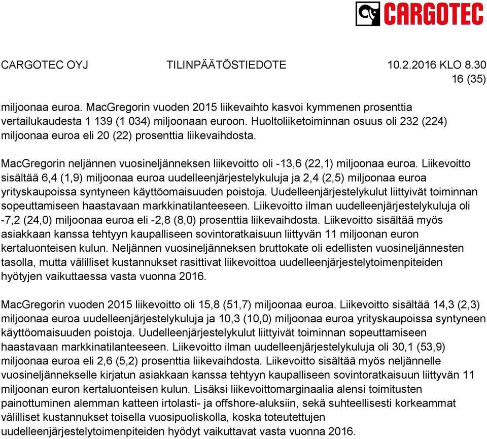 Liikevoitto sisältää 6,4 (1,9) miljoonaa euroa uudelleenjärjestelykuluja ja 2,4 (2,5) miljoonaa euroa yrityskaupoissa syntyneen käyttöomaisuuden poistoja.