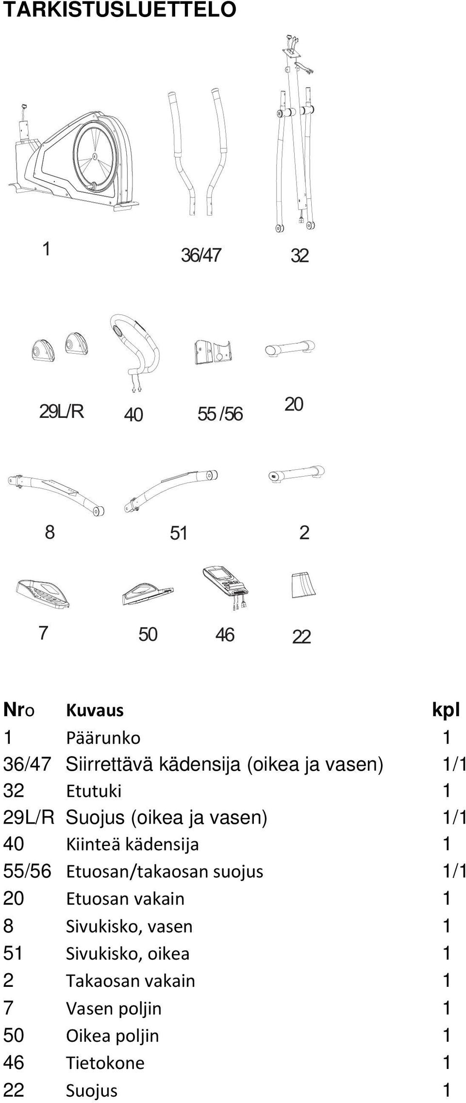 40 Kiinteä kädensija 1 55/56 Etuosan/takaosan suojus 1/1 20 Etuosan vakain 1 8 Sivukisko, vasen 1