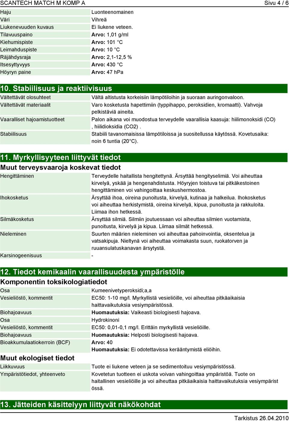 Stabiilisuus ja reaktiivisuus Vältettävät olosuhteet Vältettävät materiaalit Vaaralliset hajoamistuotteet Stabiilisuus 11.