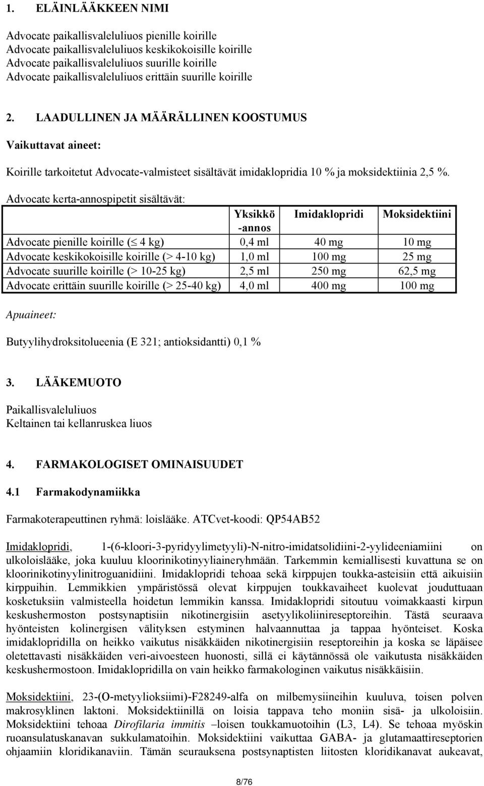 LAADULLINEN JA MÄÄRÄLLINEN KOOSTUMUS Vaikuttavat aineet: Koirille tarkoitetut Advocate-valmisteet sisältävät imidaklopridia 10 % ja moksidektiinia 2,5 %.