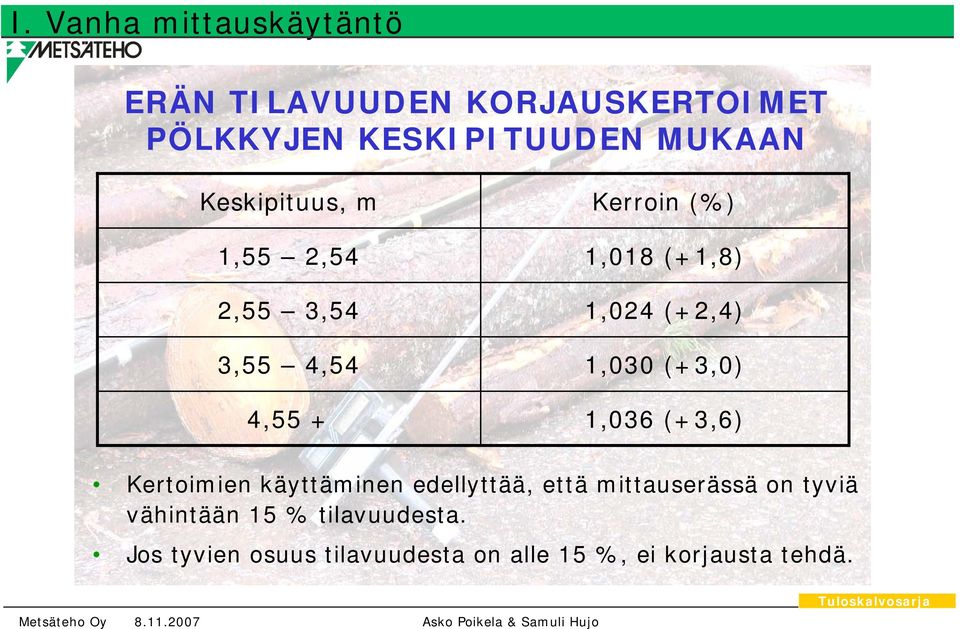 (+3,0) 4,55 + 1,036 (+3,6) Kertoimien käyttäminen edellyttää, että mittauserässä on tyviä
