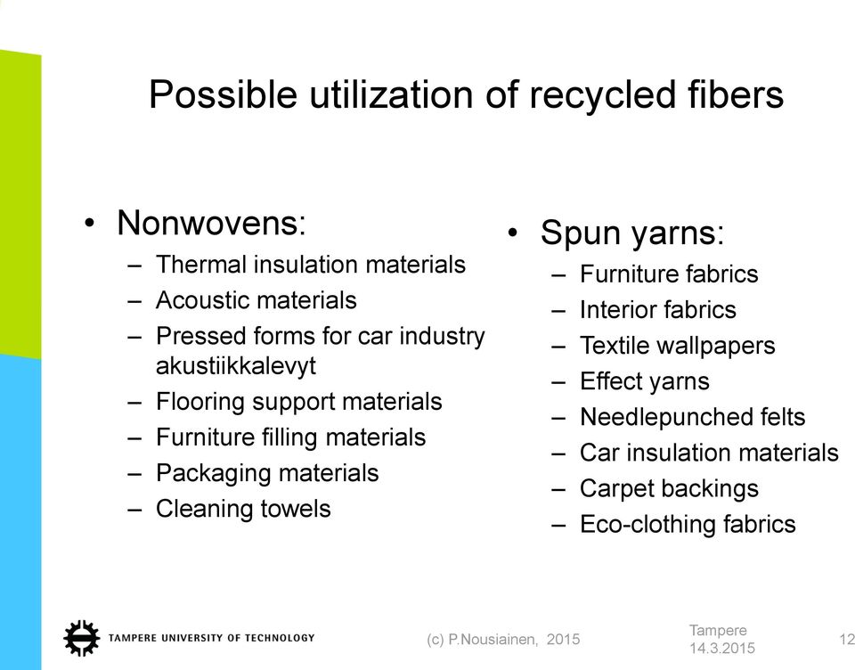 Packaging materials Cleaning towels Spun yarns: Furniture fabrics Interior fabrics Textile wallpapers