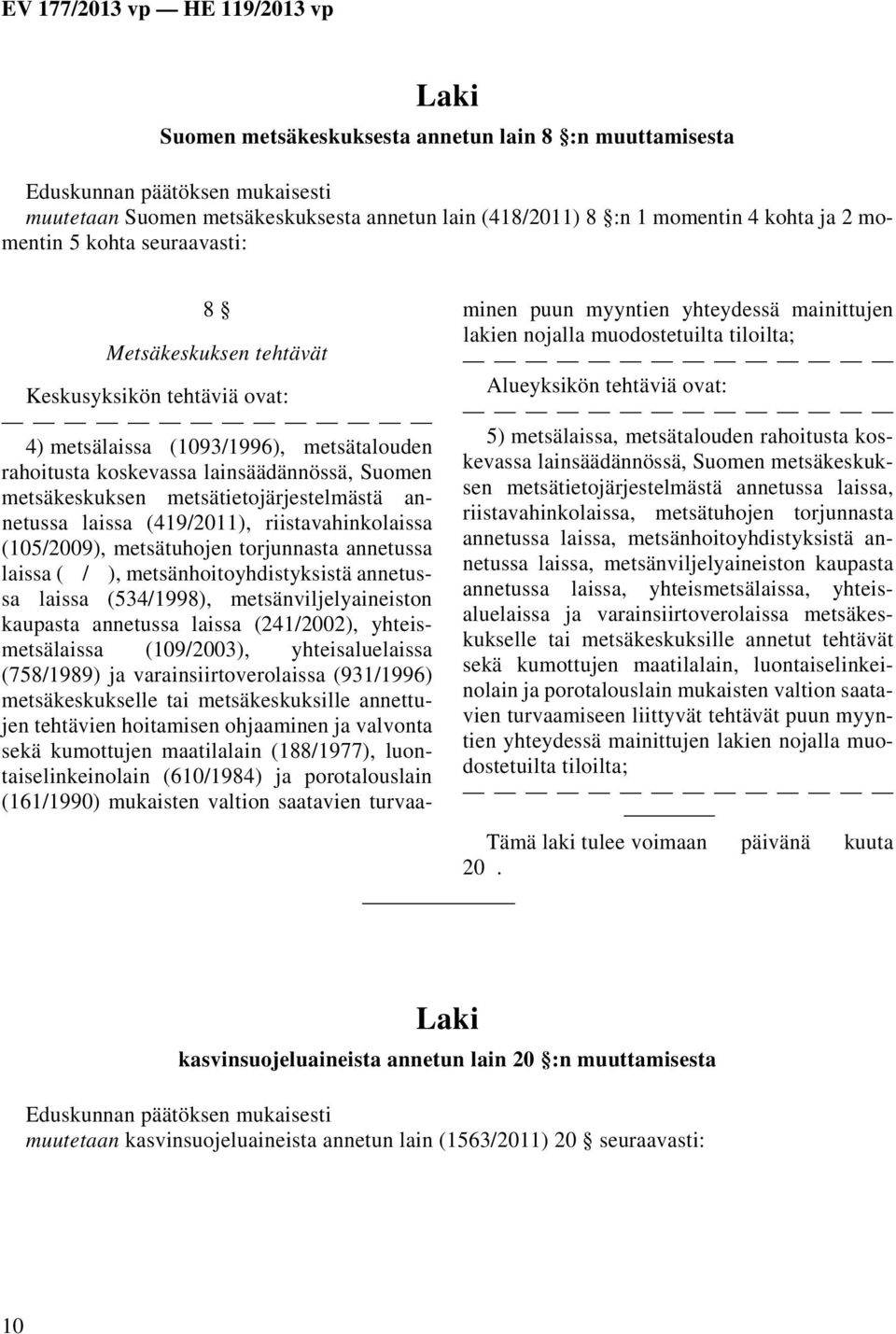 annetussa laissa (419/2011), riistavahinkolaissa (105/2009), metsätuhojen torjunnasta annetussa laissa ( / ), metsänhoitoyhdistyksistä annetussa laissa (534/1998), metsänviljelyaineiston kaupasta