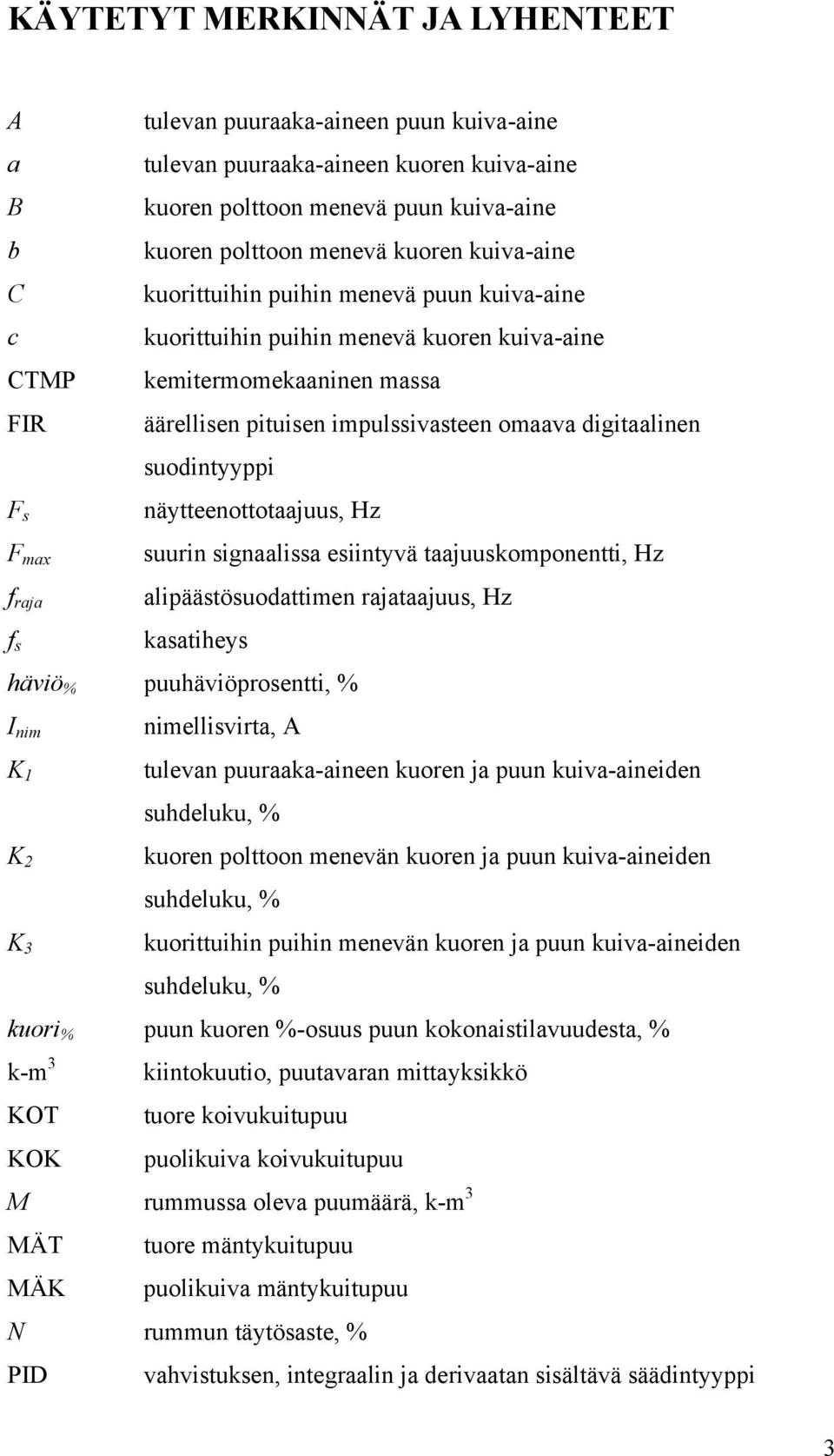 suodintyyppi F s F max f raja f s näytteenottotaajuus, Hz suurin signaalissa esiintyvä taajuuskomponentti, Hz alipäästösuodattimen rajataajuus, Hz kasatiheys häviö % puuhäviöprosentti, % I nim K 1 K