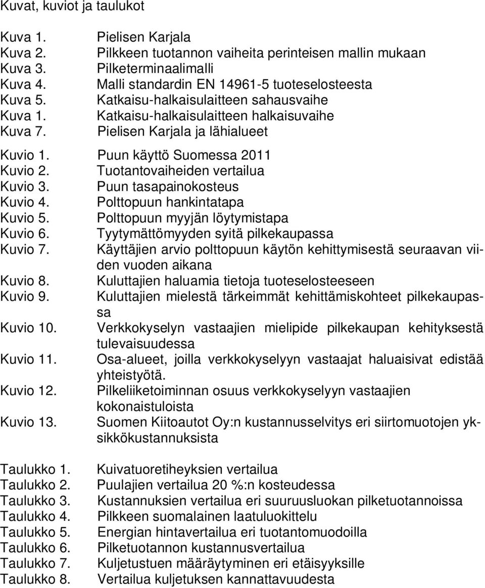 Katkaisu-halkaisulaitteen halkaisuvaihe Pielisen Karjala ja lähialueet Kuvio 1. Puun käyttö Suomessa 2011 Kuvio 2. Tuotantovaiheiden vertailua Kuvio 3. Puun tasapainokosteus Kuvio 4.