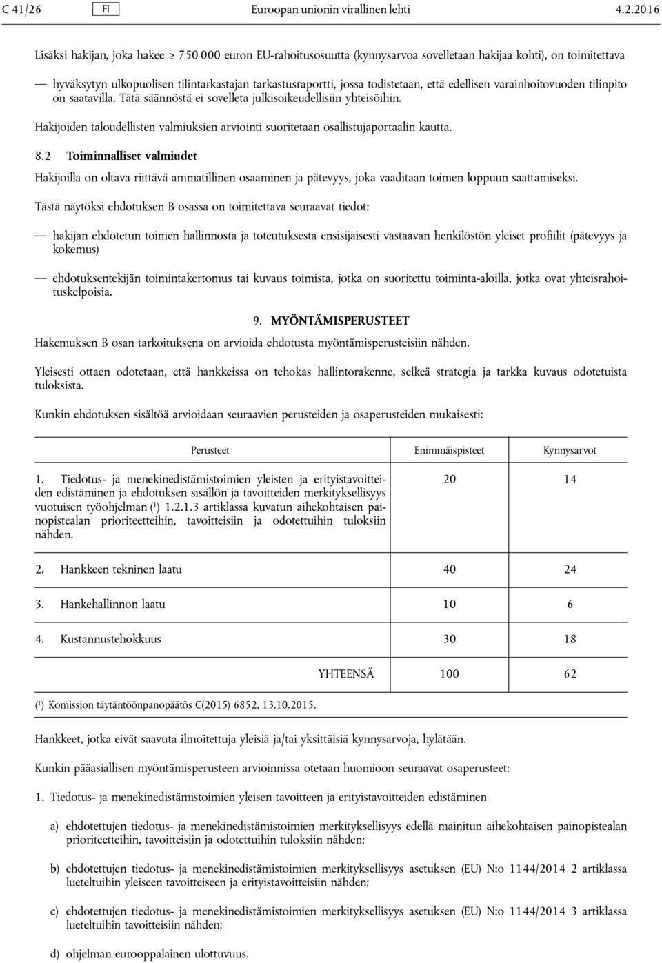 2016 Lisäksi hakijan, joka hakee 750 000 euron EU-rahoitusosuutta (kynnysarvoa sovelletaan hakijaa kohti), on toimitettava hyväksytyn ulkopuolisen tilintarkastajan tarkastusraportti, jossa