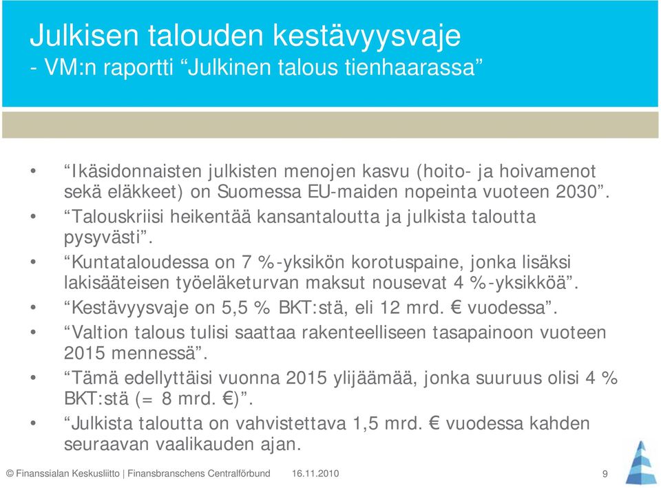 Kuntataloudessa on 7 %-yksikön korotuspaine, jonka lisäksi lakisääteisen työeläketurvan maksut nousevat 4 %-yksikköä. Kestävyysvaje on 5,5 % BKT:stä, eli 12 mrd. vuodessa.