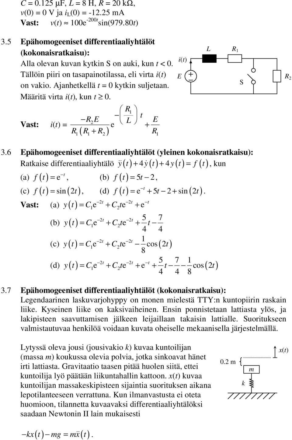 6 Epähomogeeniset differentiaaliyhtälöt (yleinen oonaisrataisu): y t + 4y t + 4y t = f t, un Rataise differentiaaliyhtälö (a) f ( t) = e t, (b) f ( t) = 5t, (c) f ( t) = sin ( t ), (d) f ( t) e t 5t