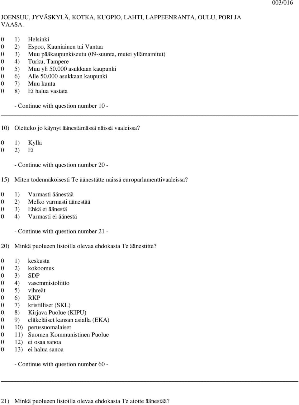 000 asukkaan kaupunki 0 7) Muu kunta 0 8) Ei halua vastata - Continue with question number 10-10) Oletteko jo käynyt äänestämässä näissä vaaleissa?