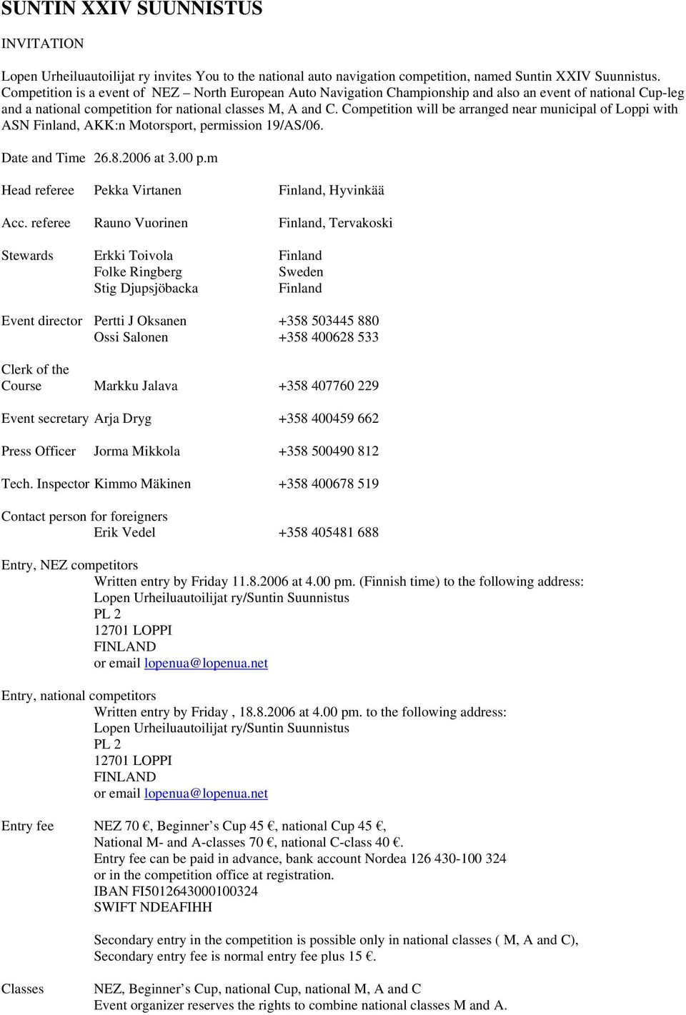 Competition will be arranged near municipal of Loppi with ASN Finland, AKK:n Motorsport, permission 19/AS/06. Date and Time 26.8.2006 at 3.00 p.m Head referee Pekka Virtanen Finland, Hyvinkää Acc.