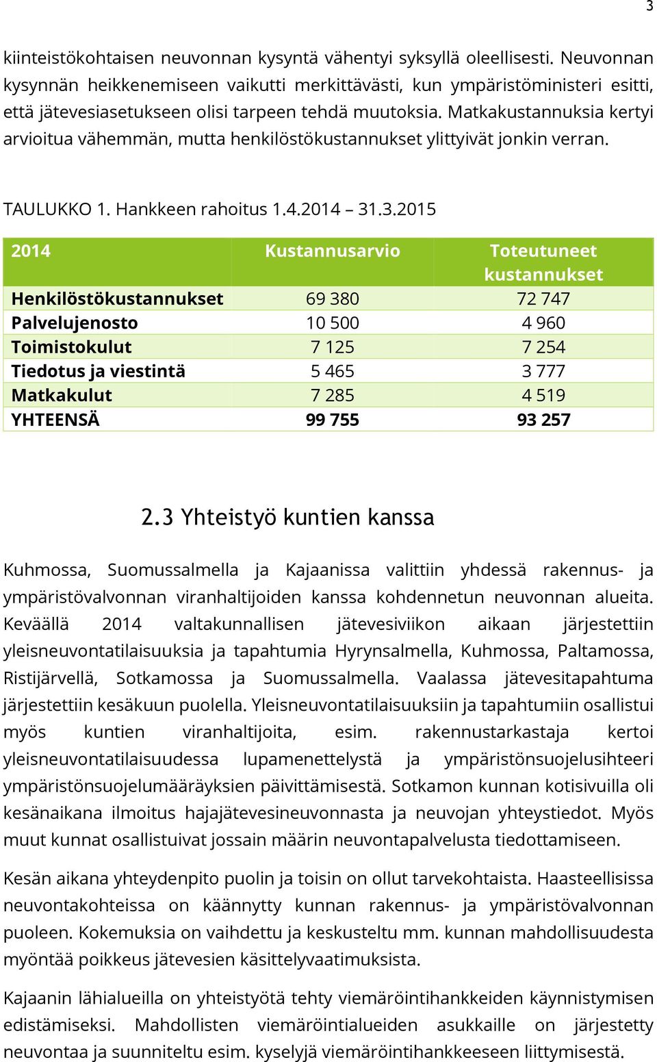 Matkakustannuksia kertyi arvioitua vähemmän, mutta henkilöstökustannukset ylittyivät jonkin verran. TAULUKKO 1. Hankkeen rahoitus 1.4.2014 31