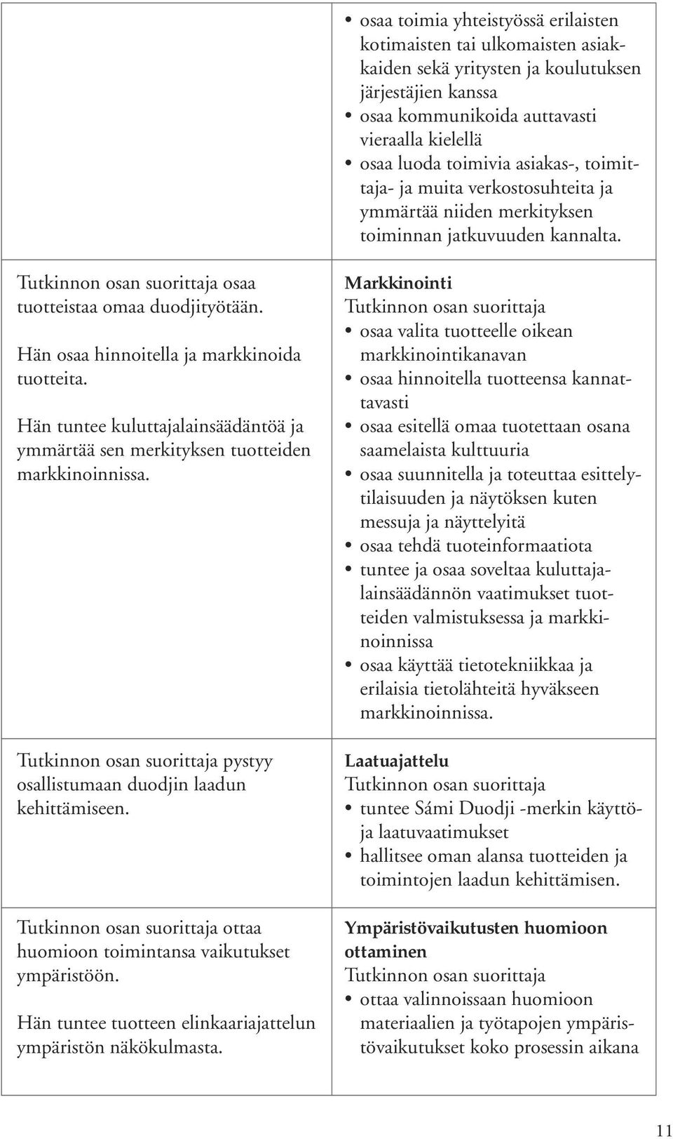 Hän tuntee kuluttajalainsäädäntöä ja ymmärtää sen merkityksen tuotteiden markkinoinnissa. pystyy osallistumaan duodjin laadun kehittämiseen. ottaa huomioon toimintansa vaikutukset ympäristöön.