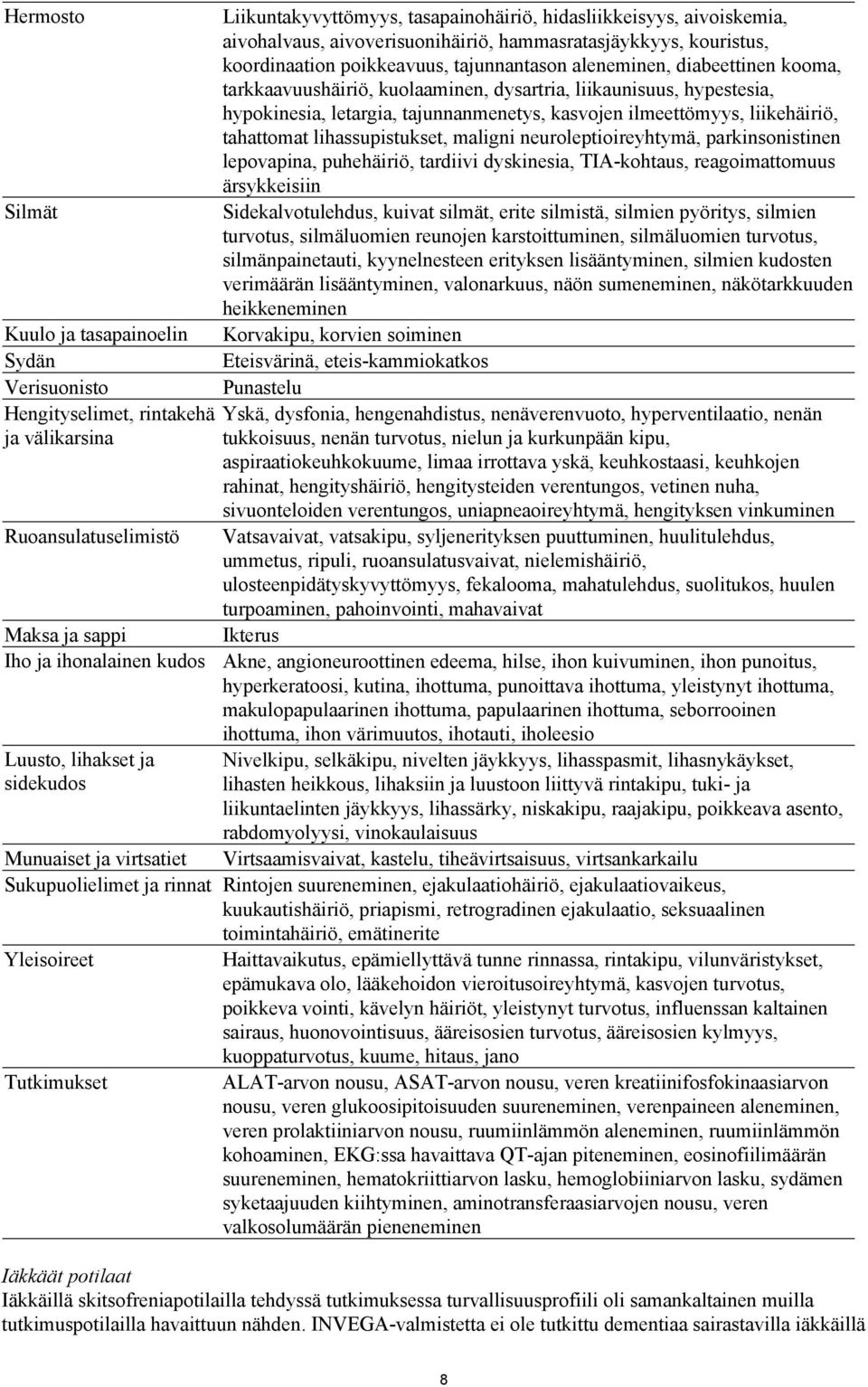 hypokinesia, letargia, tajunnanmenetys, kasvojen ilmeettömyys, liikehäiriö, tahattomat lihassupistukset, maligni neuroleptioireyhtymä, parkinsonistinen lepovapina, puhehäiriö, tardiivi dyskinesia,